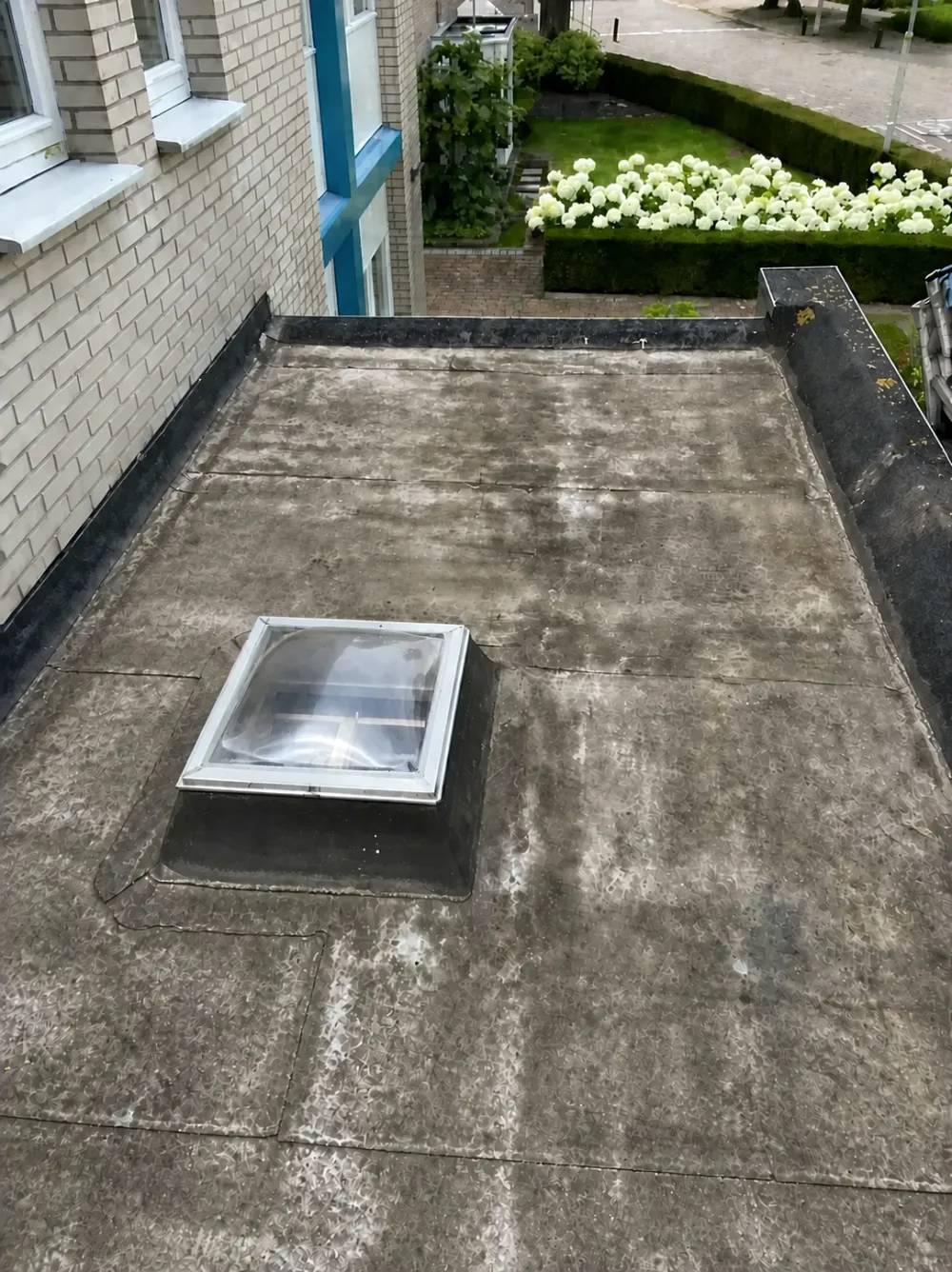 Voor: verweerd en bemost plat dak met lichtkoepel, AI-bewerkte foto