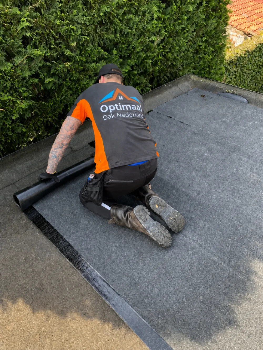 Dakdekker van Optimaal Dak rolt nieuwe dakbedekking uit op een plat dak, met het logo op zijn rug